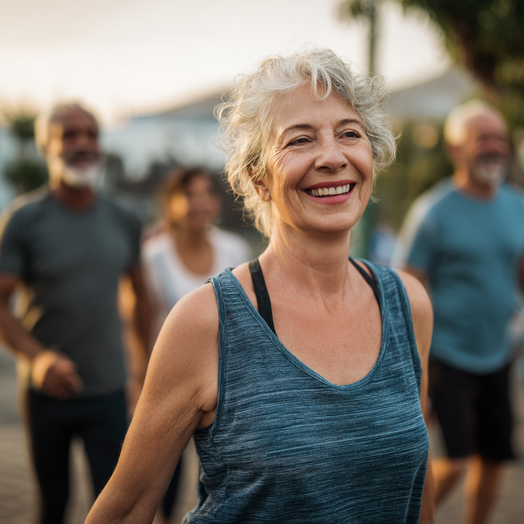 Active mature adults enjoying group fitness session outdoors